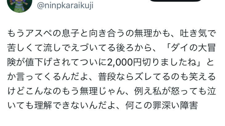 【悲報】アスペ「ダイの大冒険が値下げされてついに2,000円切りましたね」母「もう無理かも…」