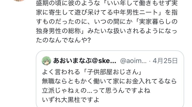 【画像】X民「子供部屋おじさんというのは本来『実家暮らしの中年ニート男性』を指す言葉だった」